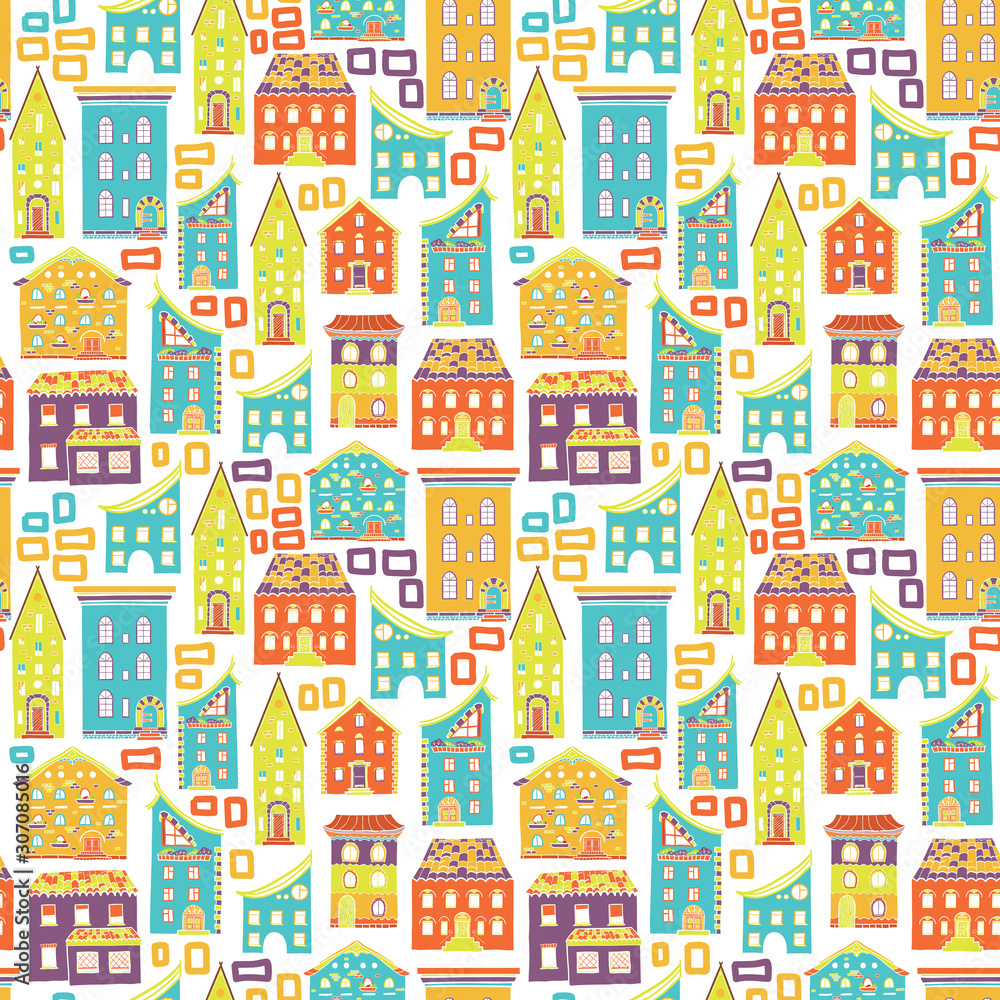 Bright colored seamless pattern with houses, doodle house vector background, cute colorfull houses in cartoon style, EPS 8