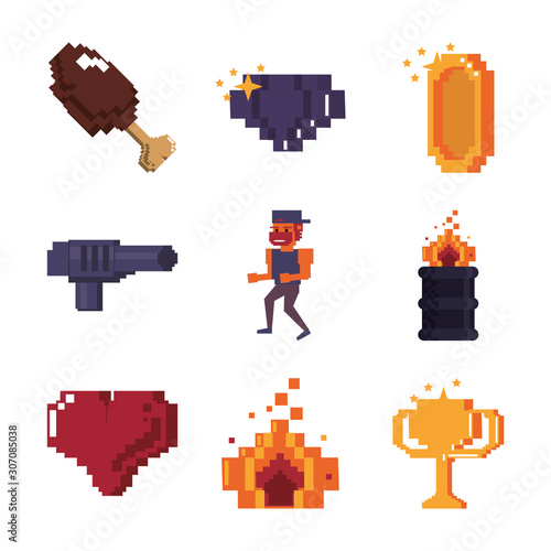 set of video game pixelated characters and street icons