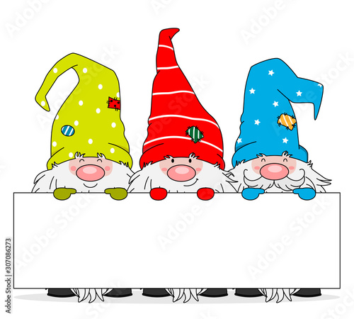 Christmas card. Three gnomes with blank sign