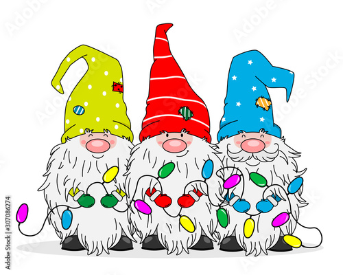 Christmas greeting card. Three gnomes with Christmas lights