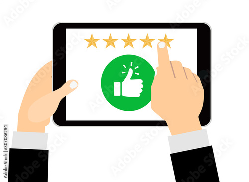 Feedback concept vector with thump up and five stars, flat design vector
