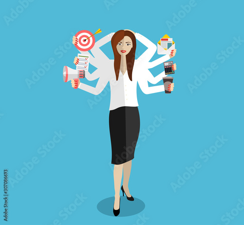 Happy businessman with many hands holding papers, briefcase, mobile phone. Multitasking and productivity concept. Vector flat design illustration.