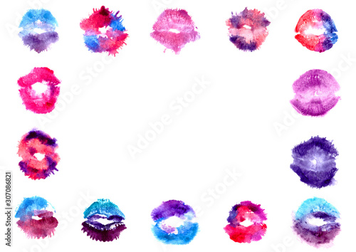 Presentation poster card frame with free blank copy space for text: blue, purple, pink, red lipstick kiss on white.