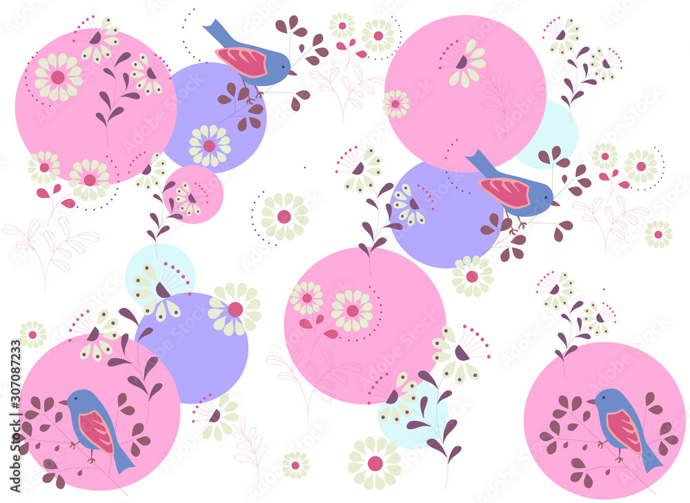 abstract simple background with flowers and birds and color circles, vector illustration abstract simple background with flowers and birds and color circles, vector illustration