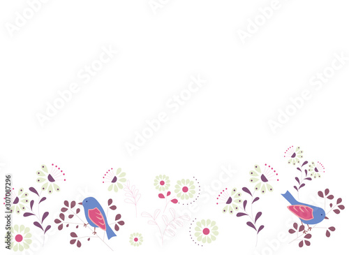 abstract simple background with flowers and birds and color circles, vector illustration