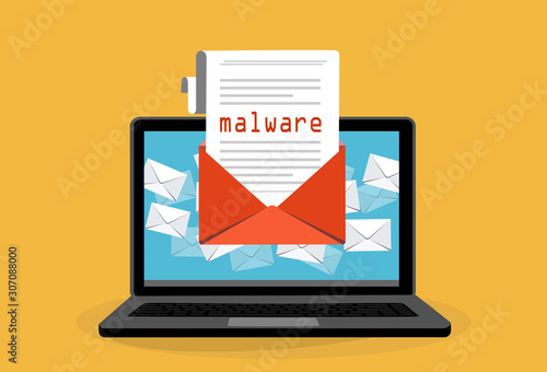 Concept of virus, piracy, hacking and security. Envelope with walware in iaptop. Website banner of e-mail protection, anti-malware software. Flat vector illustration.