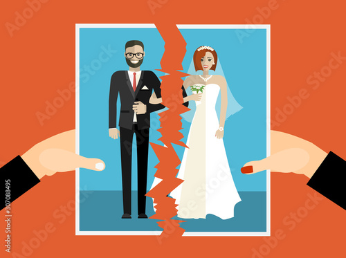 Break up. Crisis relationship divorce. Man and woman tear a group photo as symbol conflict, unhappy love. Vector illustration flat design. Parting couple.