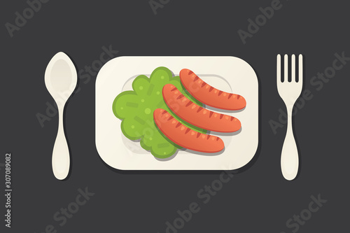 Top view brocoli and sausages on a white plate. Breakfast vector illustration