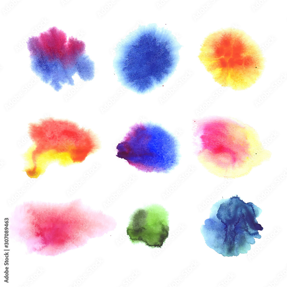 Vector Set of Colorful Watercolor Gradient Spots, Soft Wash Paint, Different Colors, Design Elements, Isolated.