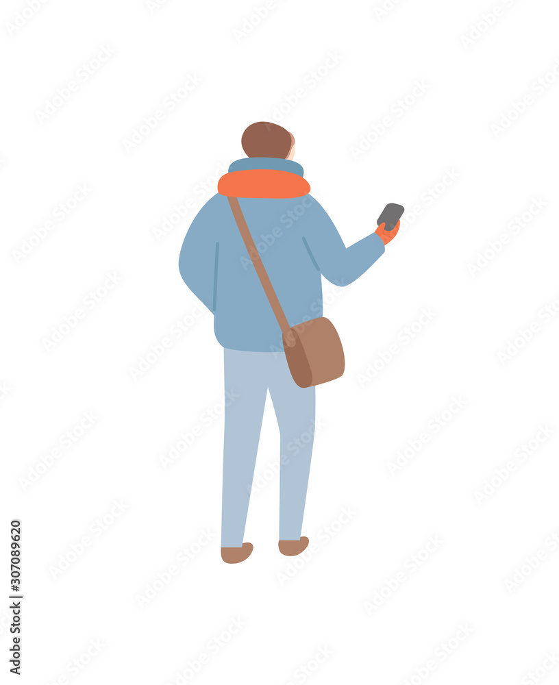 Person wearing warm clothes during wintertime vector. Man walking with sack on shoulder holding waller or phone in case. Winter seasonal clothing
