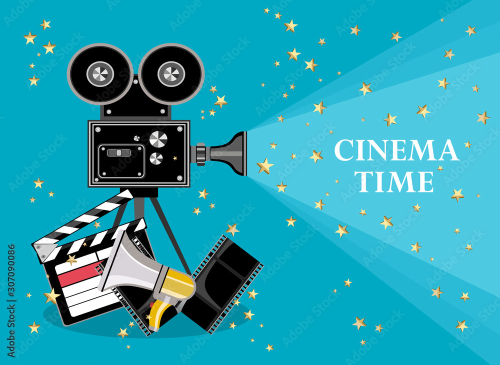 Retro cinema Video Camera with text. movie poster, placard banner for film. Vector illustration in flat style