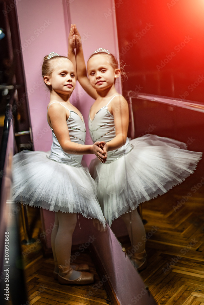 A little adorable young ballerina in a white tutu near the mirror. Gifted girl. Dance studio. Portrait.