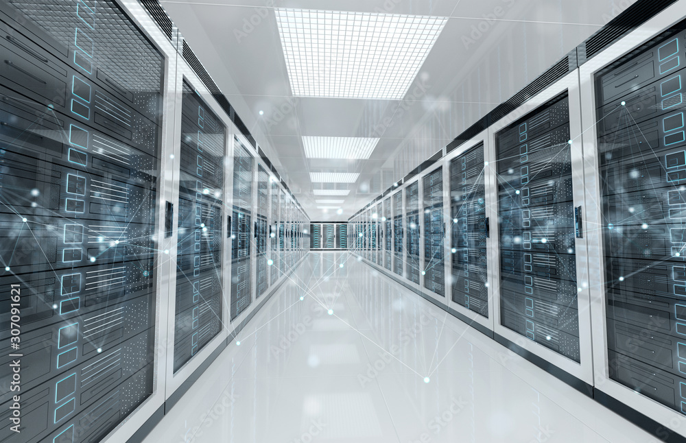 Fototapeta premium Connection network in servers data center room storage systems 3D rendering