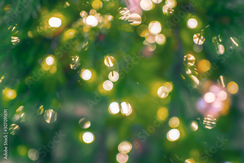 Blurred Christmas tree with decoration light background