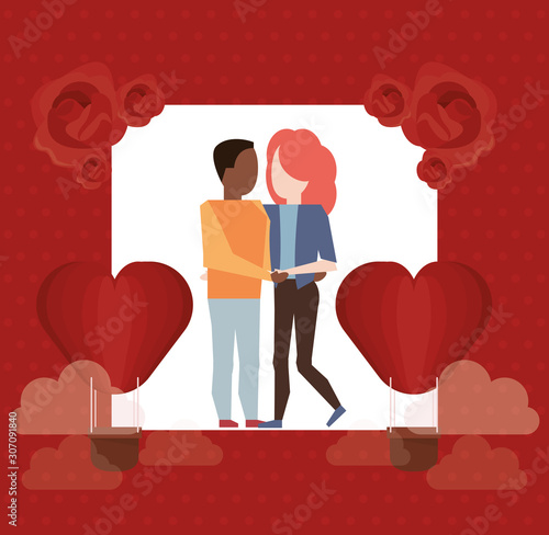 cute interracial lovers couple with roses and balloons air hot