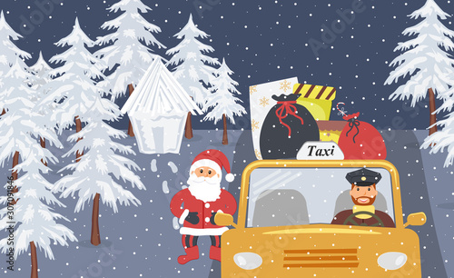 Christmas eve:Santa Claus going on holiday in a yellow taxi.Santa bags and boxes with gifts on the roof of a cab.Cabbie in the uniform cap driving a taxi.Snow is falling.Vector flat illustration