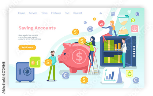 Saving accounts vector, strongbox with sum currency and cash American dollars in box, pig with gold coins and people investing capital assets. Website or webpage template, landing page flat style