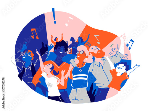 Group of people of different ages is happy to be together dancing and celebrating a special event. Happy family enjoy concert, music festival, party, show, performance, recital - Vector