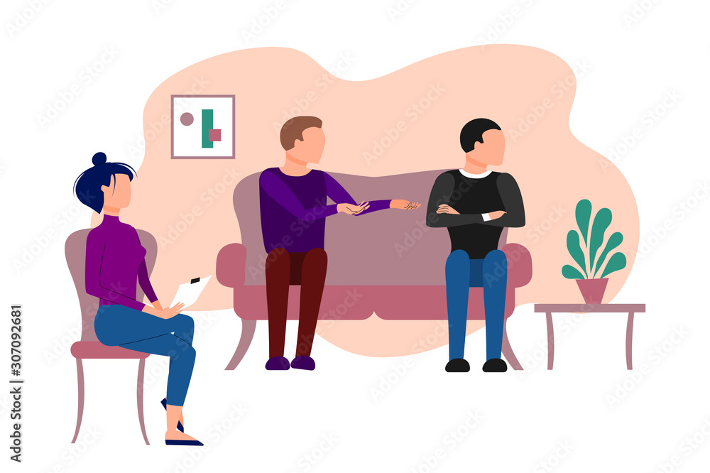 Married caucasian couple of two men having therapeutical meeting at psychologist office. Flat style stock vector illustration. Married caucasian couple of two men having therapeutical meeting at psychologist office. Flat style stock vector illustration.