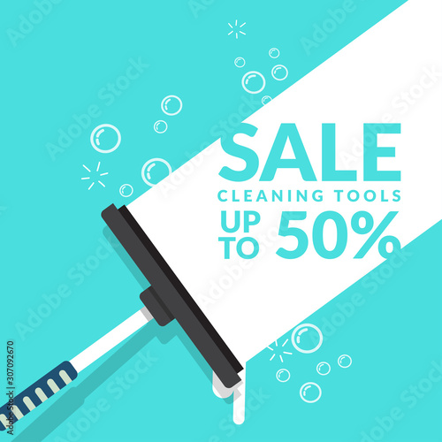 vector of squeegee scraping on blue background with bubble foam and text for advertisement of cleaning tools sales. cleaning product , equipment tools of house cleaning business banner template