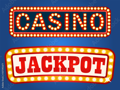 Vintage style of signboards with electric bulbs vector, isolated casino and jackpot inscription. Signs attracting attention, glowing and shining banners