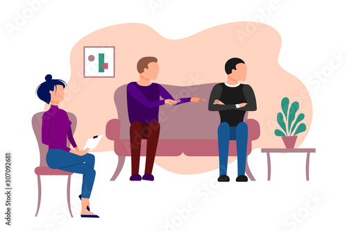 Married caucasian couple of two men having therapeutical meeting at psychologist office. Flat style stock vector illustration.