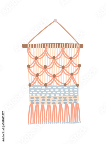 Macrame design, wall hanging decoration with thread fringe vector illustration