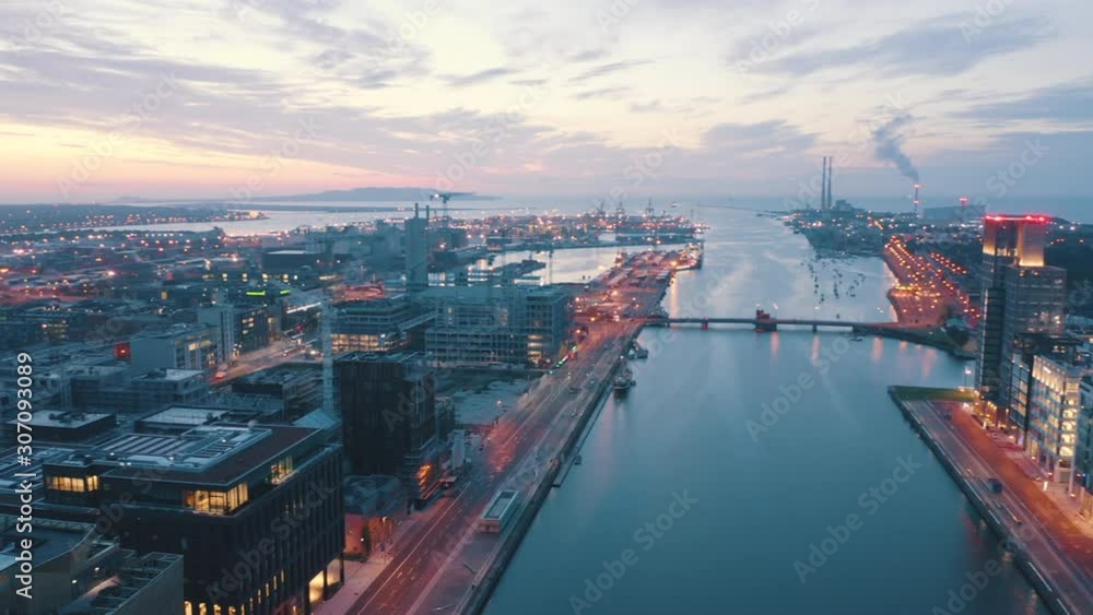 Aerial Pan Right, Beautiful view of Dublin City at Dawn. Pan right across the city skyline. 4K. Aerial Pan Right, Beautiful view of Dublin City at Dawn. Pan right across the city skyline. 4K.