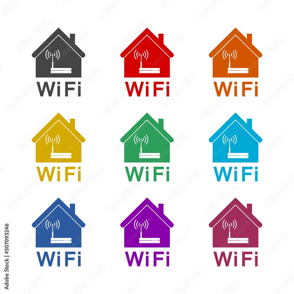 Wifi smart home color icon set isolated on white background Wifi smart home color icon set isolated on white background