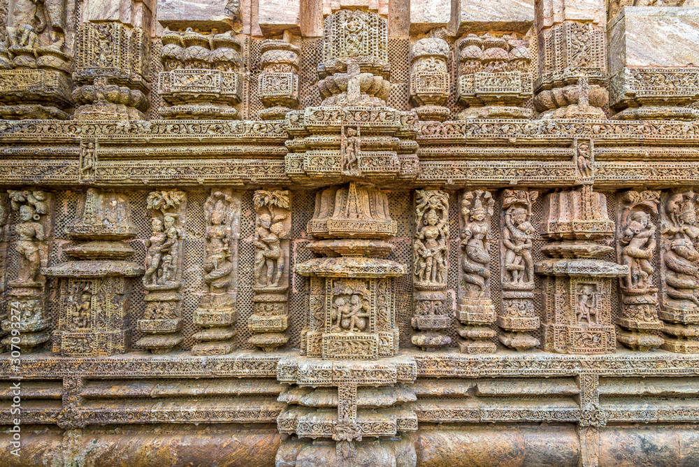 View at the Decorative stone relief in Konark Sun Temple complex - Odisha,India