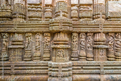 View at the Decorative stone relief in Konark Sun Temple complex - Odisha,India