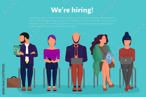 Adult caucasian business people waiting job interview sitting in row on chairs. Business men and women characters searching for work. Isolated on white. Flat style stock vector illustration.
