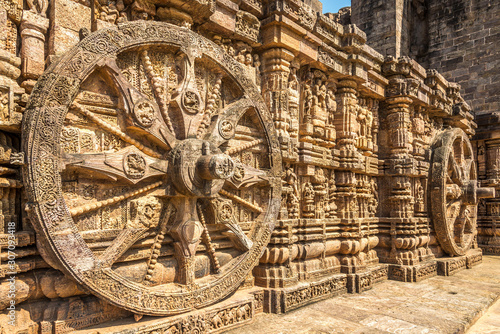 Veew at the decorative stone relief wheels of Konark Sun Temple in India, Odisha photo
