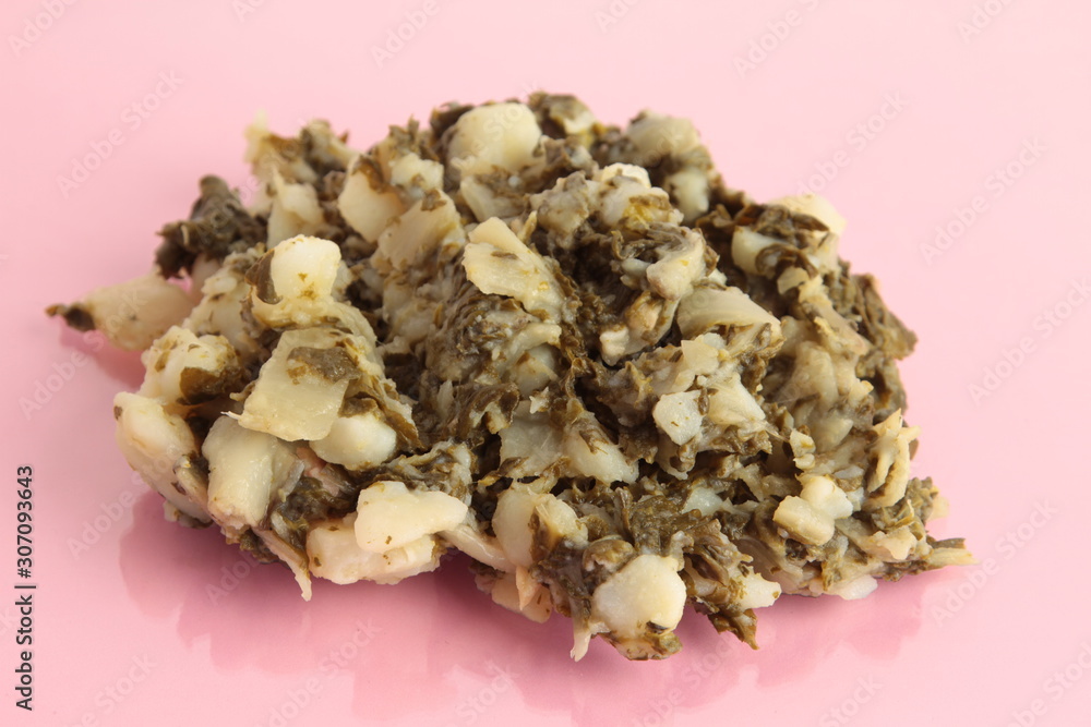 delicious chard with potato on pink background
