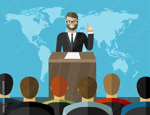 Press conference. Man standing at rostrum with microphones in auditorium with people, world map on background. Flat design graphics for web banners, websites, printed materials. Vector illustration