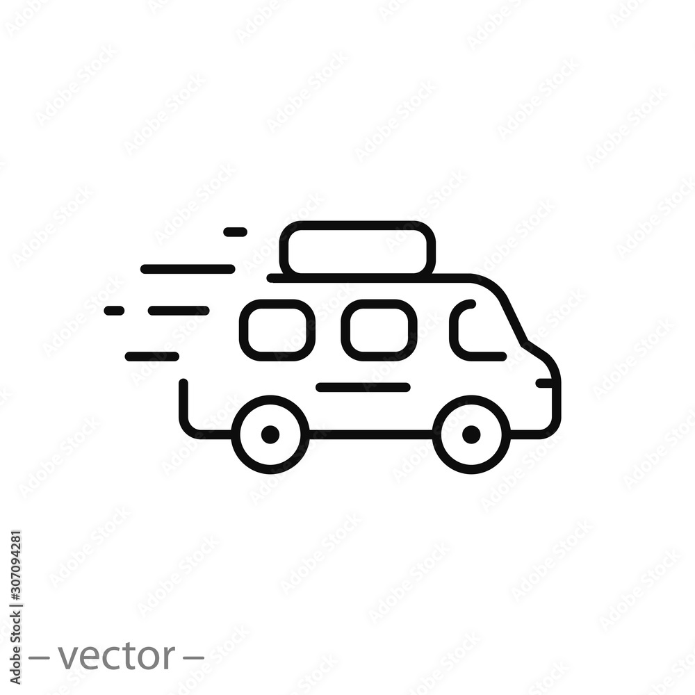 travel on microbus icon, bus tour, minibus for tourism, thin line web symbol on white background - editable stroke vector illustration eps 10