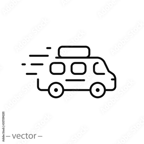 travel on microbus icon, bus tour, minibus for tourism, thin line web symbol on white background - editable stroke vector illustration eps 10