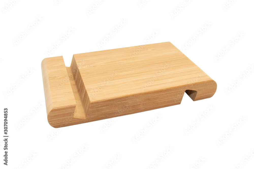 Wooden stand for smartphone isolated on white background. Side view. Wooden stand for smartphone isolated on white background. Side view.