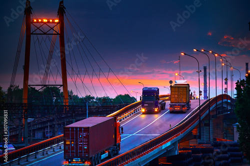 truck with container rides on the road, railroad transportation, freight cars in industrial seaport at sunset
