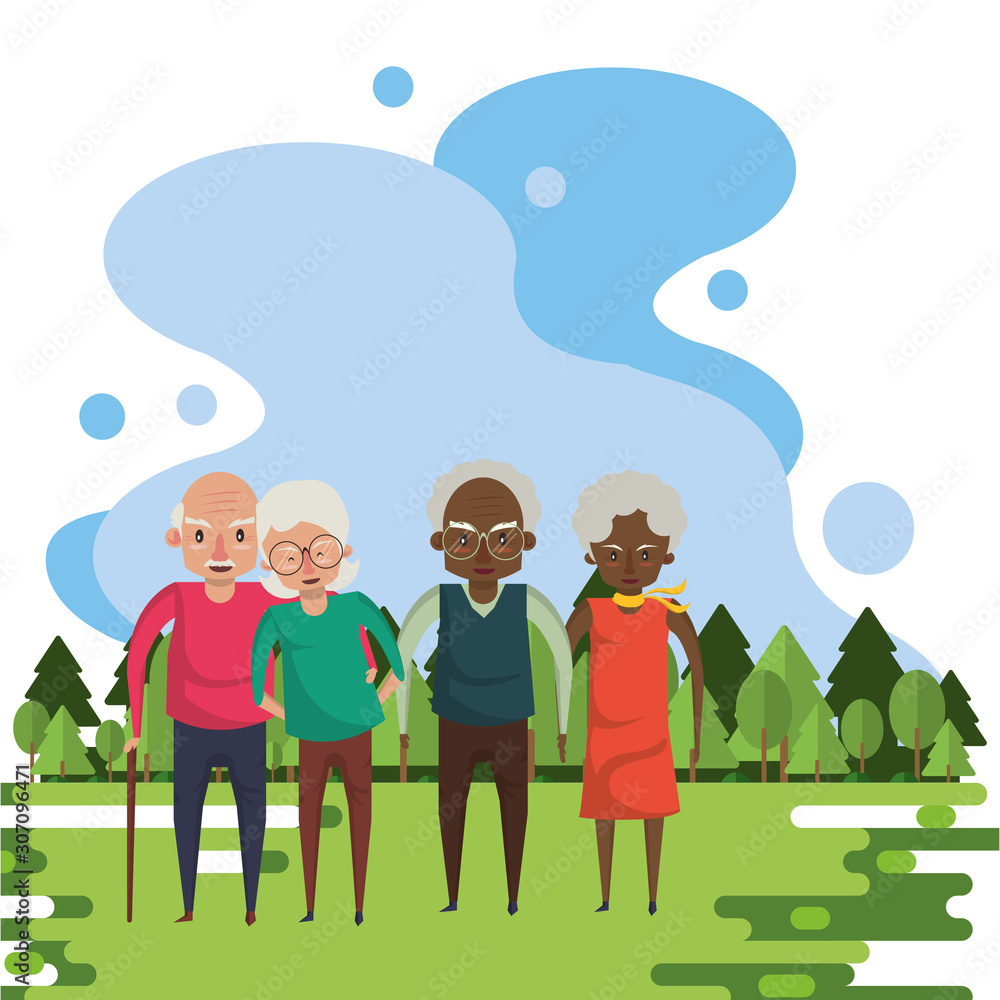 group of interracial grandparents couples in the field
