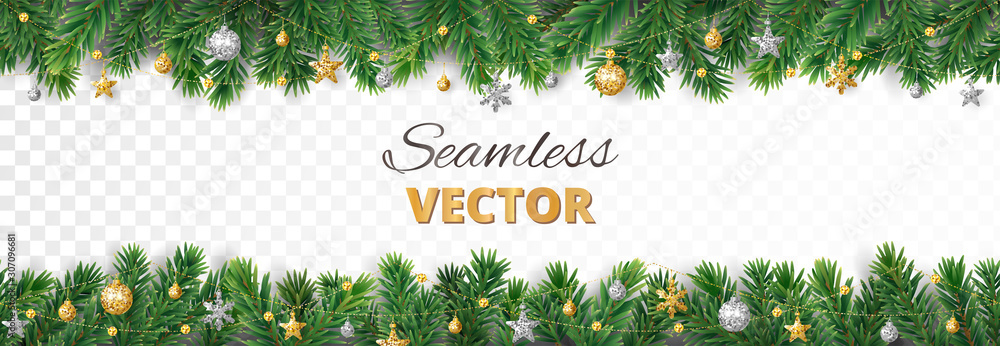 Vector Christmas decoration. Christmas tree border, frame with golden ornaments.