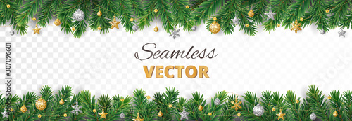 Vector Christmas decoration. Christmas tree border, frame with golden ornaments.