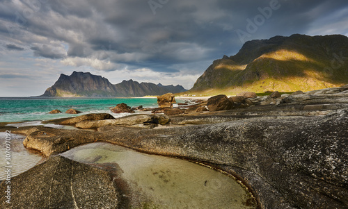 Sea and mountains Landscape Norway Lofoten Islands Uttakleiv beach photo