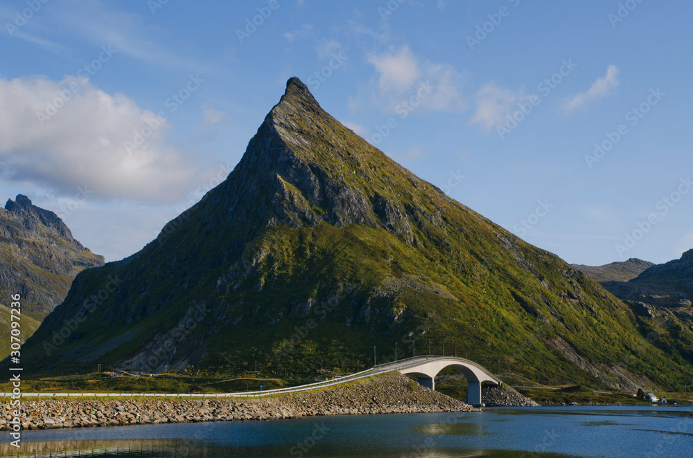 Fredvang Bridge and mountain, Lofoen Islands, Norway