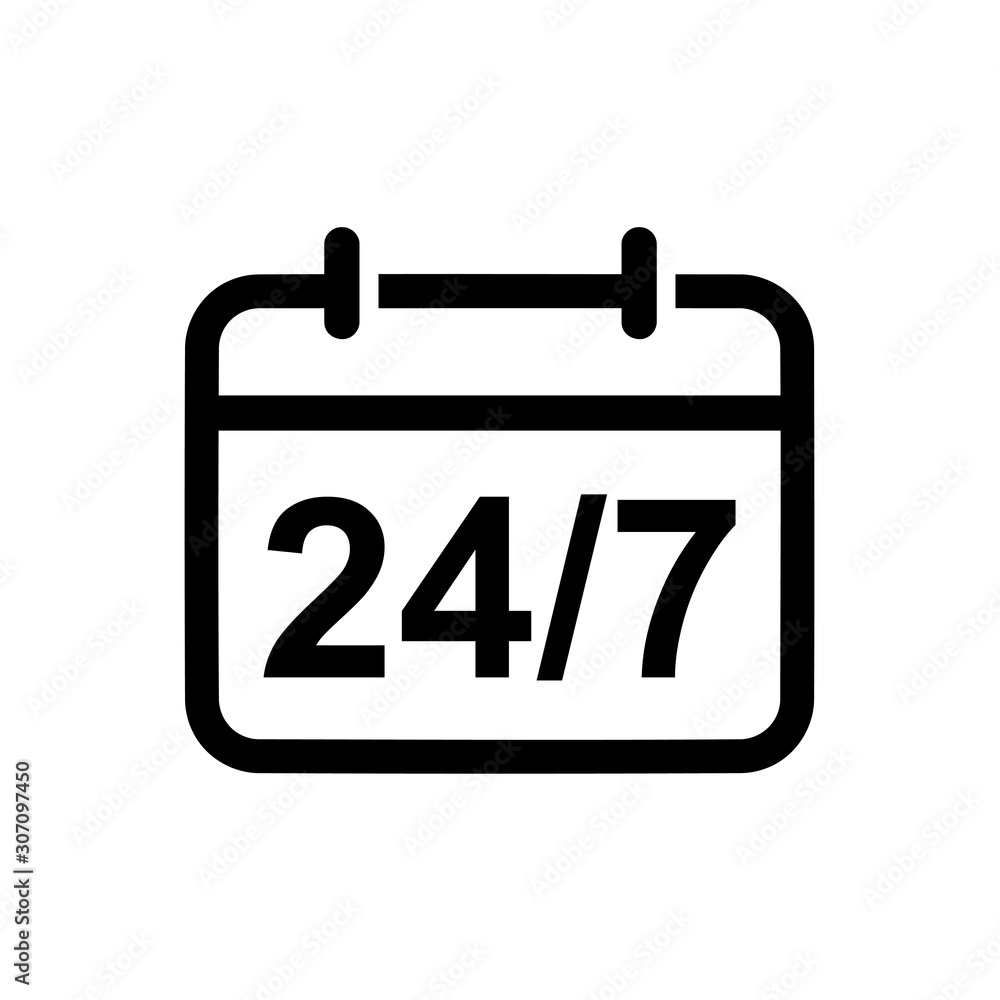 24/7 calendar icon flat style isolated on background. service time icon sign symbol for web site and app design. 24/7 calendar icon flat style isolated on background. service time icon sign symbol for web site and app design.