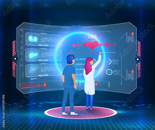 Scientists in lab. People in white coat,chemical researchers with laboratory equipment. Scientists, colleagues cartoon characters. Medical workers studying human anatomy. Futuristic technology. Vector