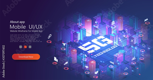 5G network technology, isometric concept. Smart city, tall buildings with 5G symbol wireless internet. Wireless technology isometric composition with city block tall buildings images round icons.