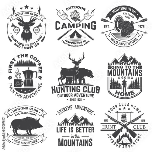 Set of hunting club and outdoor adventure quotes. Vector. Concept for shirt, logo, print, stamp. Vintage design with marshmallow, turkey, bear, deer, tent and forest silhouette