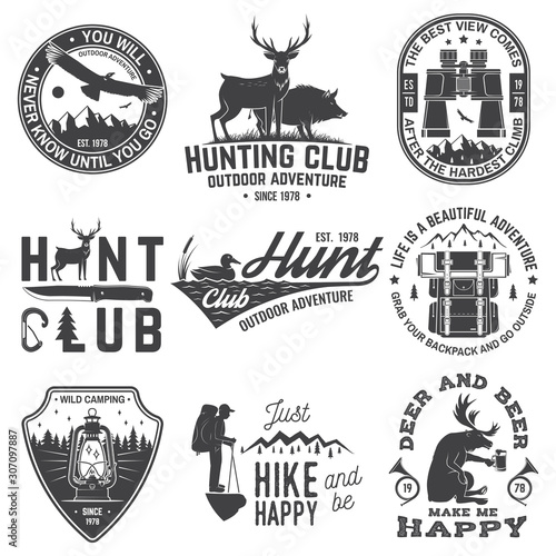 Set of hunting club and outdoor adventure quotes. Vector. Concept for shirt or logo, print, stamp, tee. Vintage design with backpack, binoculars, mountains, deer, tent, lantern and forest silhouette