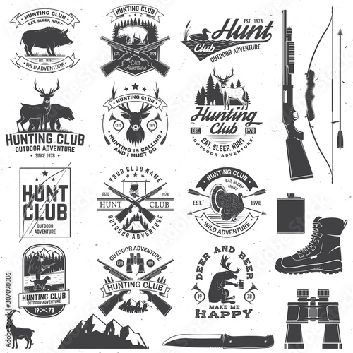 Set of Hunting club badge. Vector Concept for shirt, print, stamp. Vintage typography design with hunting gun, boar, hunter, bear, deer, mountains and forest. Outdoor adventure hunt club emblem